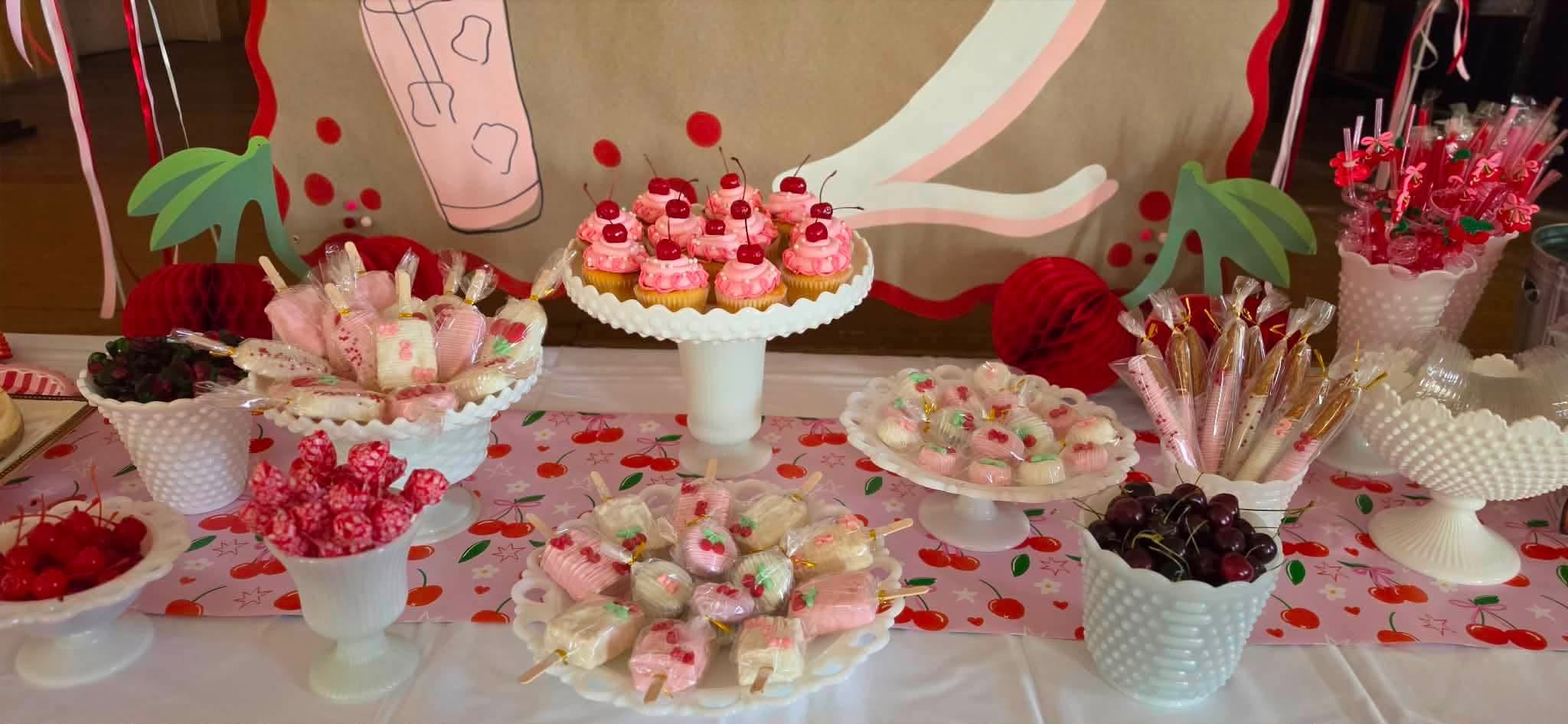 Cherry cupcake and treats tower